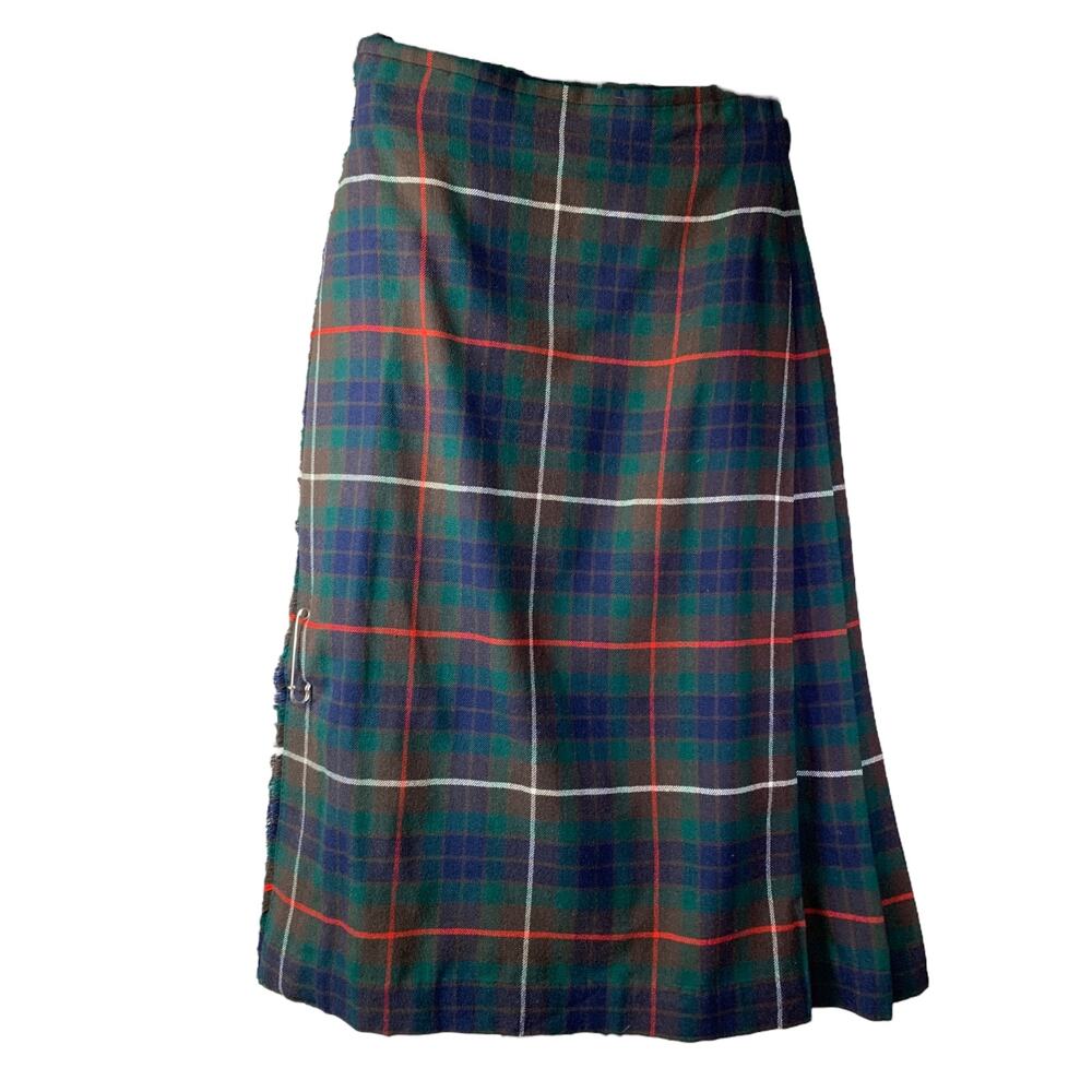 Vintage Scott Adie London Womens Green & Red Plaid‎ Kilt Pleated Skirt Buckle